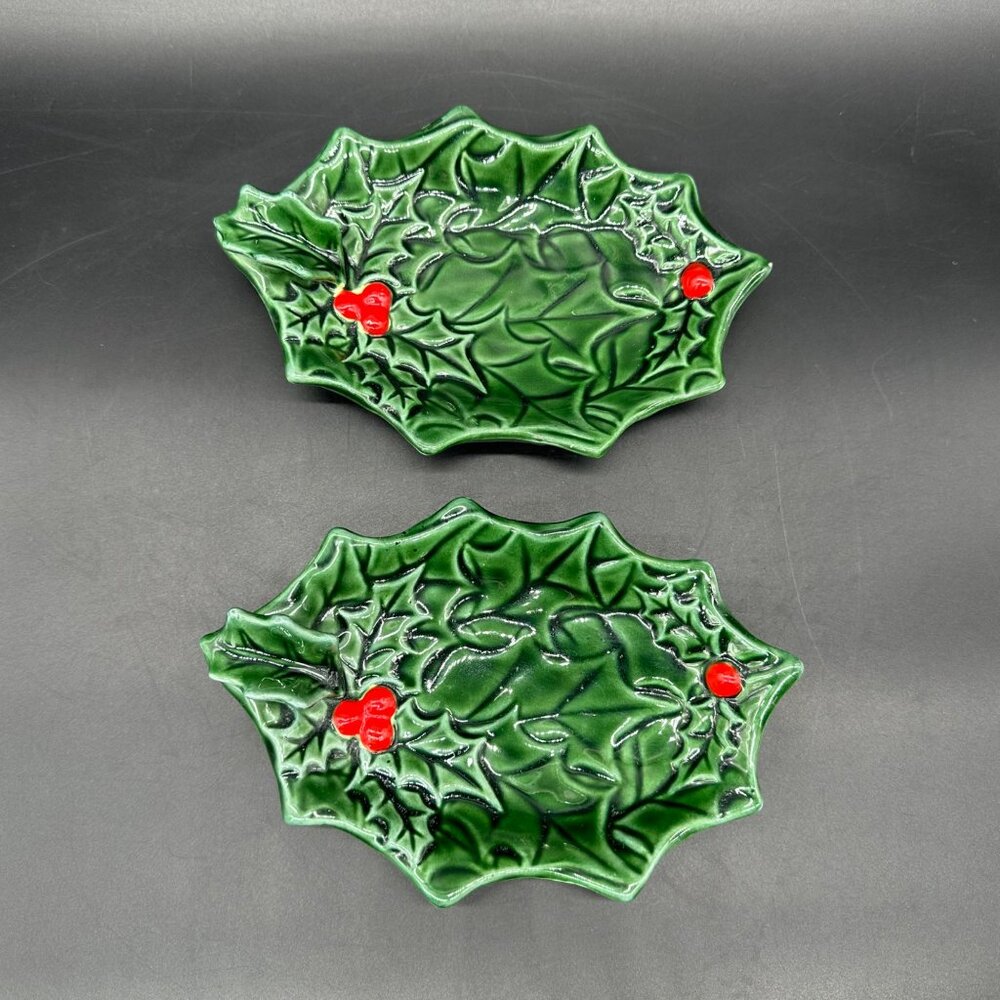 Vintage Trinket Dishes Ashtrays Lefton Holly Berry 1970s Christmas Decor Green - Picture 2 of 9
